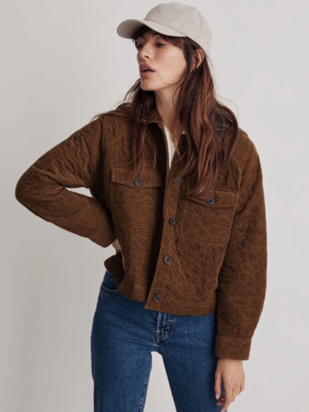 Madewell Quilted Corduroy Crop Shirt Jacket in Golden Spinach Sz XS